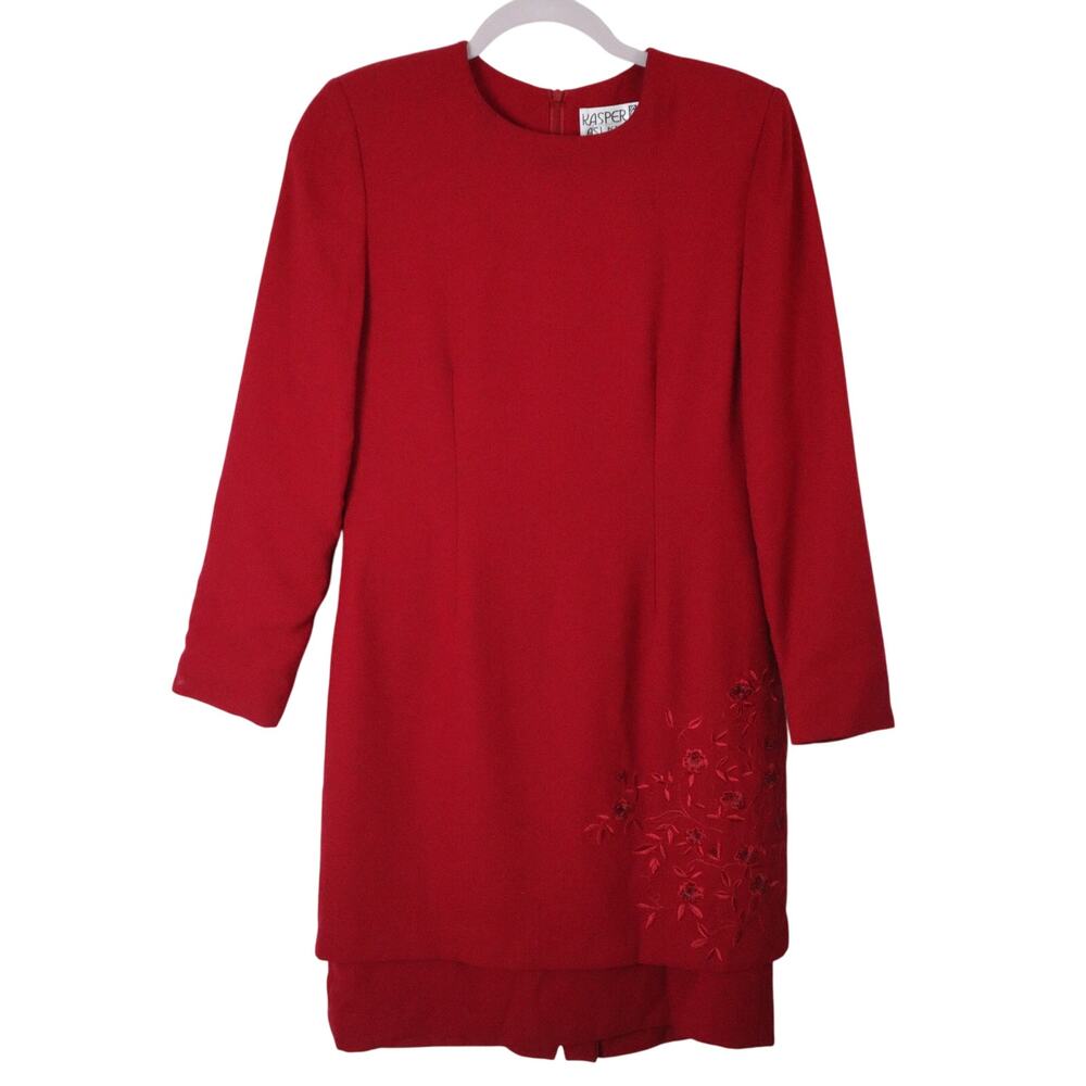 Vintage 90s Kasper Petite Red Dress Attached Skirt Holiday Party Embroidery 4P